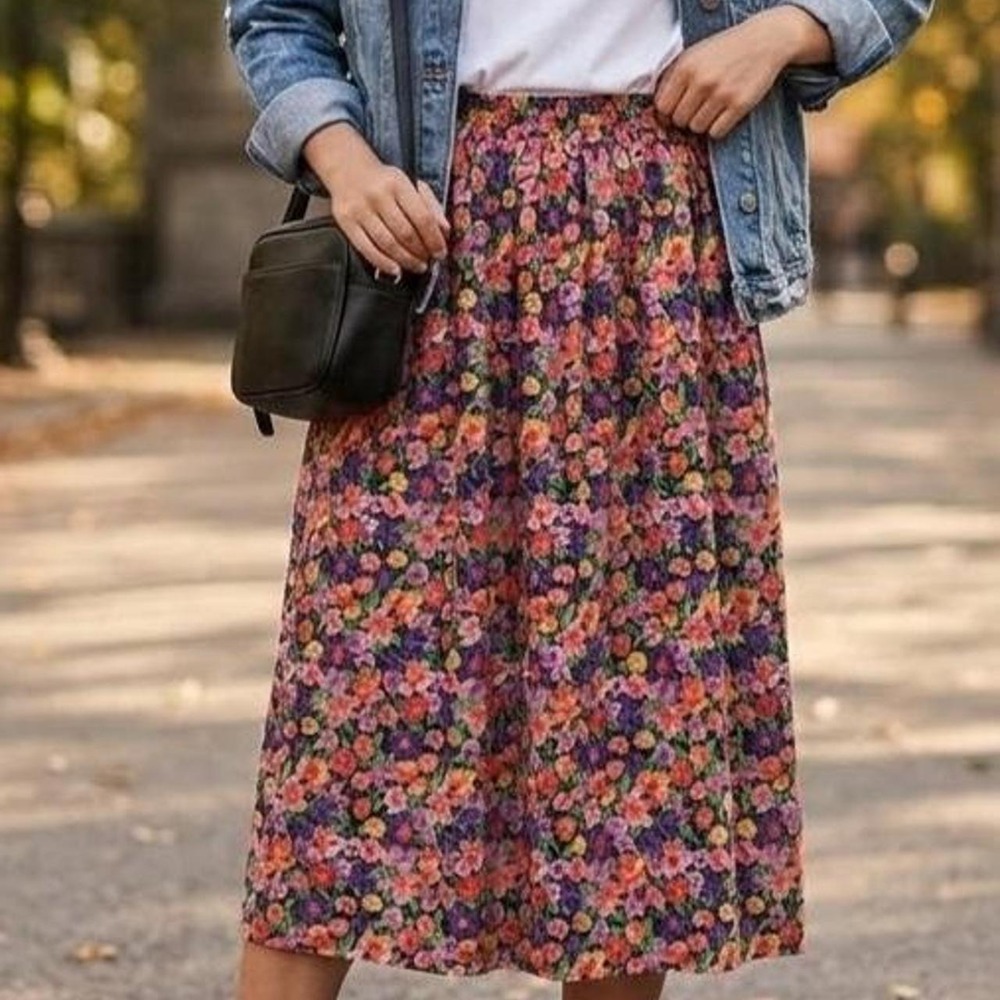 Vintage 90s Connections Garden Floral Midi Skirt Medium Stretch Modest Tea Party